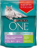 Корм сухой для взрослых кошек PURINA ONE с высоким содержанием индейки и рисом, с чувствительным пищеварением и разборчивым вкусом в еде, 750г Россия, 750 г