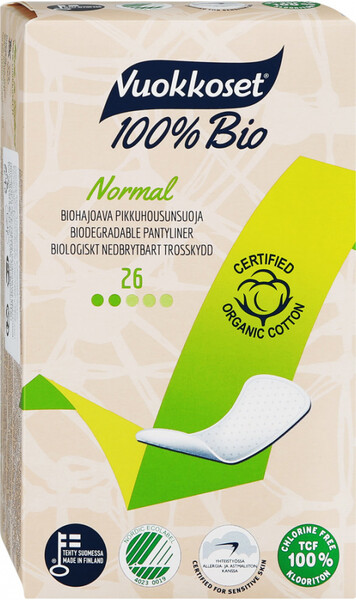 Прокладки ежедневные Vuokkoset органические 100% Bio Anatomic Normal 2 капли 26 штук