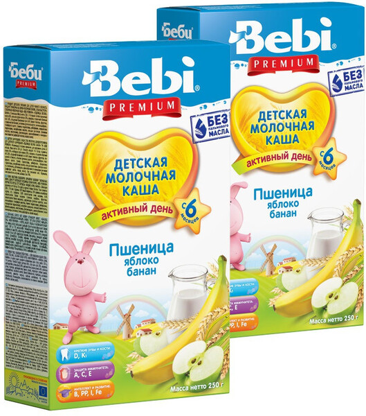 Каша Bebi Premium мол. пшеница/яблоко/банан с 6 мес 250г