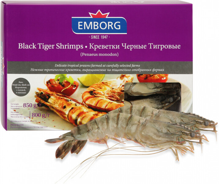 Креветки Emborg черные тигровые с головой в панцире мороженые 13/15 850 г