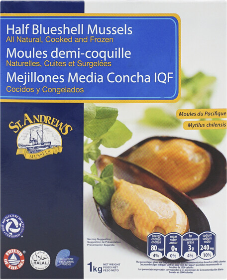 Мидии Polar 60/80 голубые на полустворках вареные замороженные 1 кг