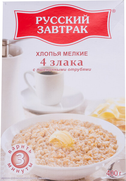 Хлопья 4 злака Русский завтрак с пшеничными отрубями мелкие , 400 г