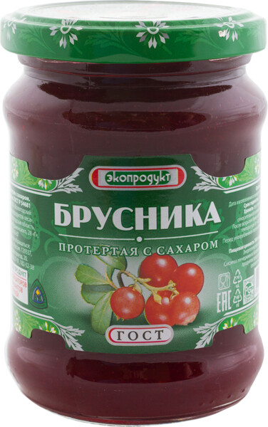 Брусника протертая с сахаром, Экопродукт, 320 гр., Стекло