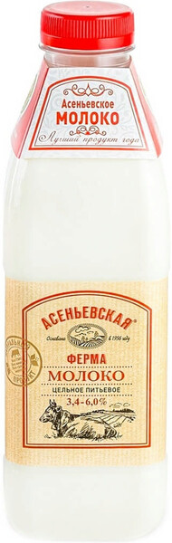 Молоко цельное пастеризованное Асеньевская ферма 3,4-6,0%, 1,4 л