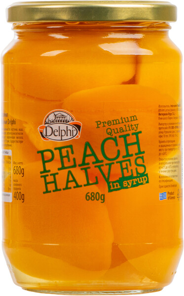 Персики Delphi половинки отборные в сиропе 680г Греция