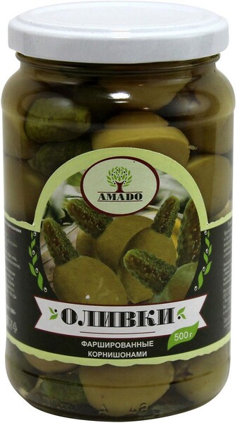 Оливки зеленые с корнишоном, Армения, Amado, 500 гр., стекло