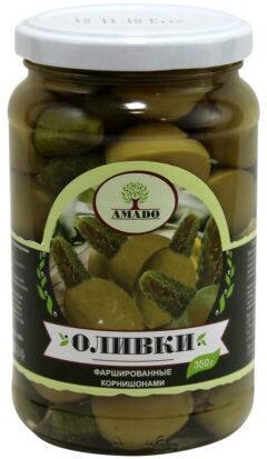 Оливки зеленые с корнишоном, Армения, Amado, 350 гр., стекло