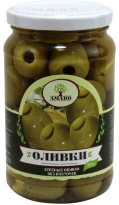 Оливки зеленые без косточки, крупные, Армения, Amado, 350 гр., стекло