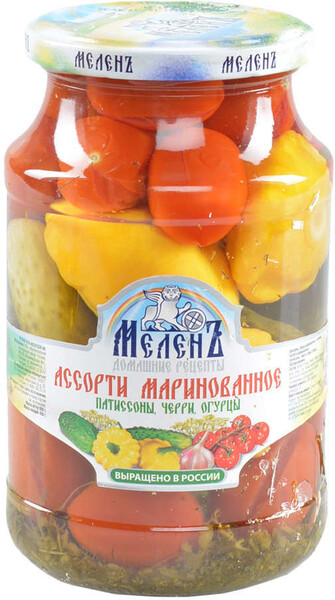 Ассорти Меленъ Меленьковское маринованное из томатов черри, патиссонов и огурцов, 900 г