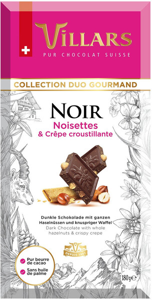 Тёмный шоколад с цельным фундуком и хрустящими вафлями, 180г