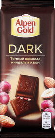 Шоколад Alpen Gold Dark темный с изюмом и миндалем, 80 г