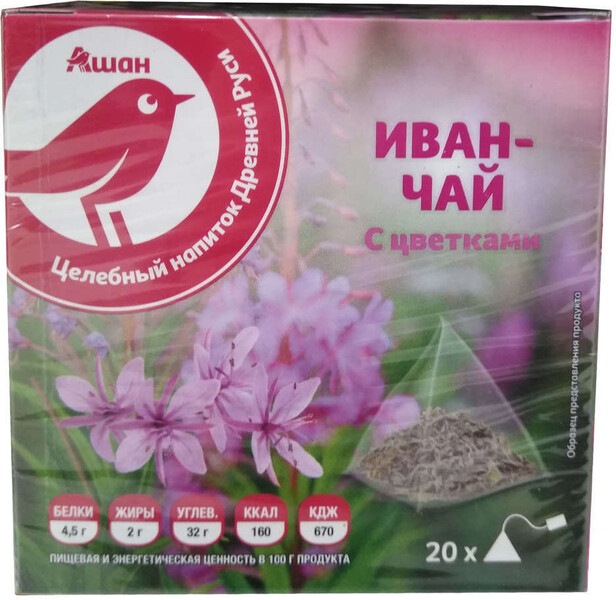 Чай травяной АШАН иван-чай в пакетиках, 20х4 г