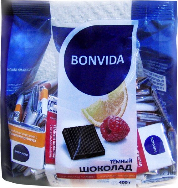Шоколад BONVIDA темный ассорти с кусоч. малины с цукатами апельсина 400г