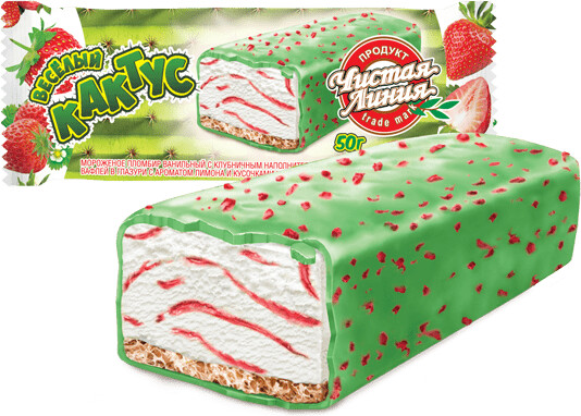 Мороженое пломбир «Чистая Линия» Веселый Кактус ванильный с клубникой 12%, 50 г