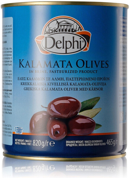 Маслины Delphi Colossal 121-140 каламата с косточкой, 820 гр., ж/б