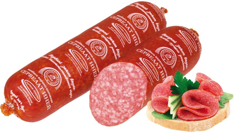 Колбаса копчено-вареная ИНЕЙ Сервелат, весовая Россия