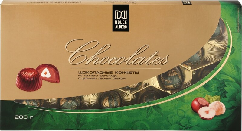 Конфеты DOLCE ALBERO из темного шоколада с цельным лесным орехом, 200г
