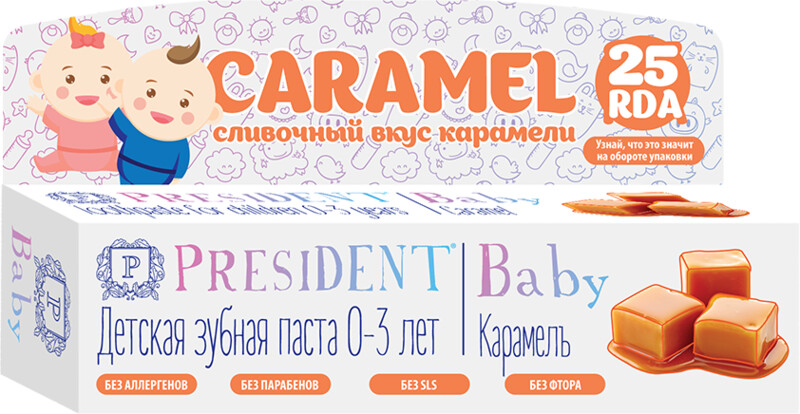 Зубная паста детская PRESIDENT Карамель, 0–3 года, 30мл Италия, 30 мл