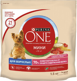 Корм для собак Purina One Мини для взрослых собак мелких пород с говядиной и рисом 1.5кг