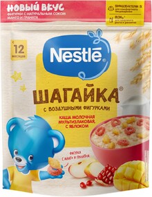 Каша мультизлаковая NESTLE Шагайка, молочная с яблоком и воздушными фигурками с соком манго и граната, с 12 месяцев, 190г Россия, 190 г