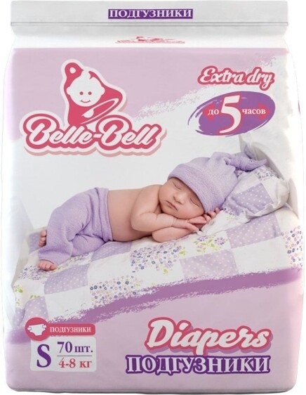 Подгузники Belle-Bell Diapers S 70шт 4-8кг до 5 часов, 1.90кг