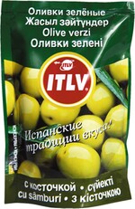 Оливки ITLV зеленые с косточкой мягкая упаковка 195г