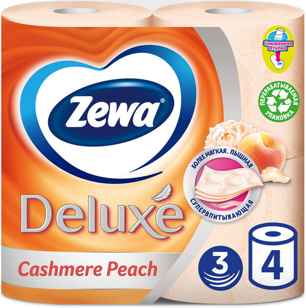 Туалетная бумага Zewa Deluxe Персик 3 слоя, 4 рулона