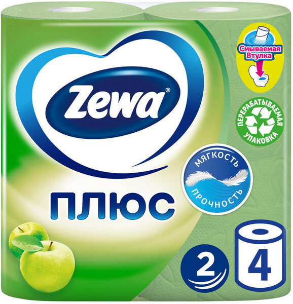 Туалетная бумага Zewa Plus Яблоко 2 слоя, 4 рулона