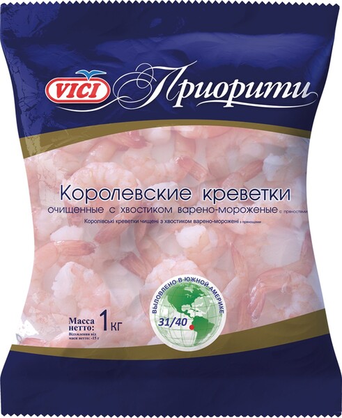 Креветки VICI Королевские варено-мороженые, очищенные с хвостиком, 31/40, 1кг Россия, 1000 г
