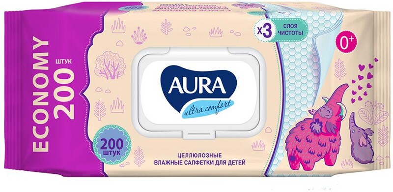 Влажные салфетки Aura Ultra Comfort, для детей, 200 шт.