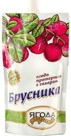 Ягода Сибирская ягода протертая брусника с сахаром, 280 гр., дой-пак с дозатором