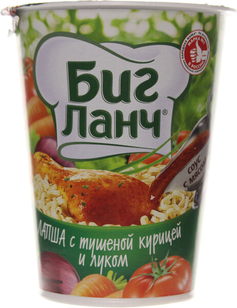 ЛАПША БИГ ЛАНЧ БЫСТРОГО ПРИГОТОВЛЕНИЯ С ТУШЕНОЙ КУРИЦЕЙ И ЛУКОМ, 65 ГР, ПЭТ