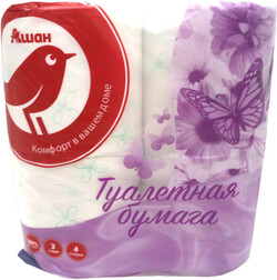 Туалетная бумага АШАН 3 слоя, 4 рулона