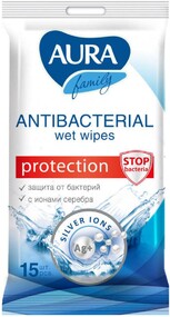 Влажные салфетки Aura Family, c антибактериальным эффектом, 15 шт.