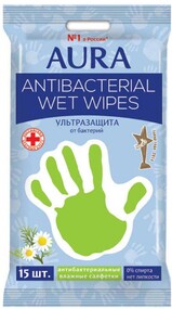 Влажные салфетки Aura антибактериальные ромашка 15 шт