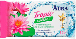 Влажные салфетки Aura Tropic Cocktail, освежающие, МИКС, 15 шт.