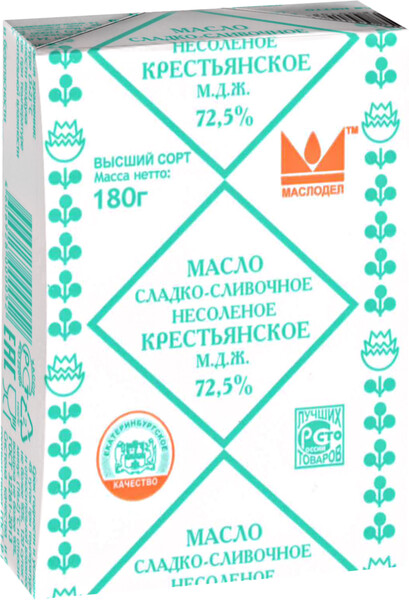Масло сладко-сливочное «Маслодел» Крестьянское 72.5%, 180 г
