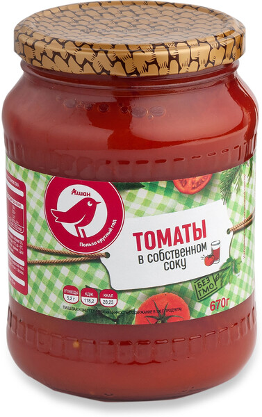 Томаты АШАН очищенные в собственном соку, 680 г