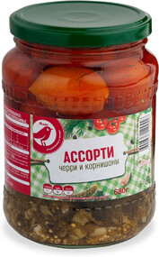 Ассорти овощное АШАН черри и корнишоны, 680 г