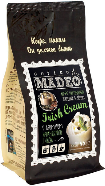 Зерновой кофе / Кофе в зернах Irish Cream Madeo 200 г, средняя обжарка, сочетание кофе и аромата ирландского сливочного ликера