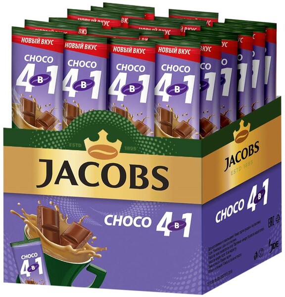 Кофе JACOBS 4в1 Choco растворимый в стиках, 24 шт х 12 г