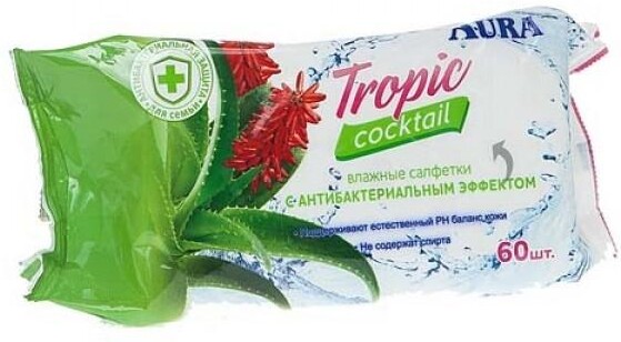 Салфетки влажные AURA TROPIC COCKTAIL c антибактериальным эффектом, 60шт Россия, 60 шт