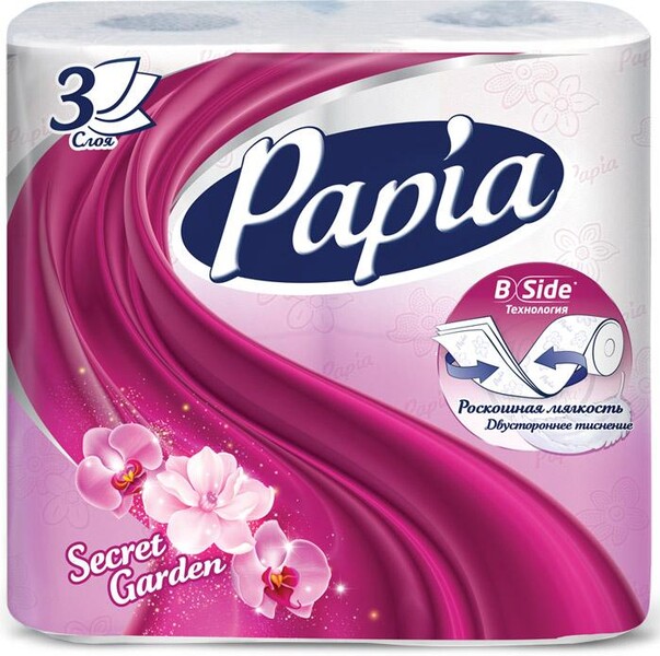 Туалетная бумага Papia Secret Garden 3 слоя, 4 рулона