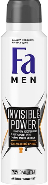 Fa Дезодорант-антиперспирант мужской Invisible power, освежающий аромат, 72 ч, 150 мл