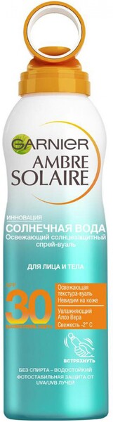 Спрей-вуаль для лица и тела солнцезащитный Garnier Ambre Solaire Солнечная вода освежающий с алоэ вера Spf 30, 200 мл