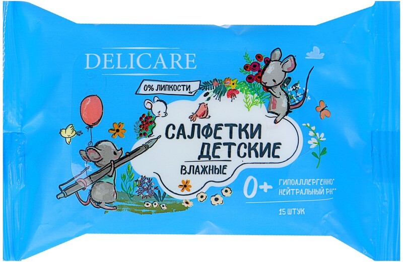 Влажные салфетки Delicare, для детей, Мышата, 15 шт.