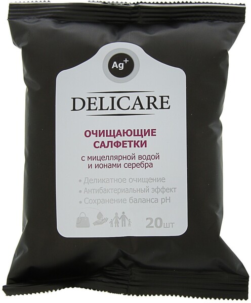 Влажные салфетки Delicare, с мицеллярной водой и ионами серебра, освежающие, 20 шт.