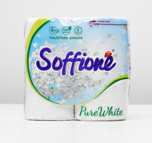 Туалетная бумага 2-х слойная, 4 рулона Soffione Pure White, полиэтиленовая пленка