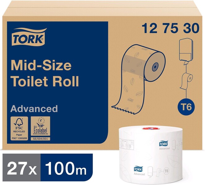Бумага туалетная в рулонах Tork Mid-size Advanced 2-слойная 27 рулонов по 100 метров (артикул производителя 127530)