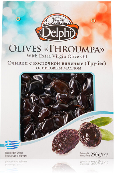 Оливки Delphi черные Трубес с косточкой вяленые с оливковым маслом 250г Греция